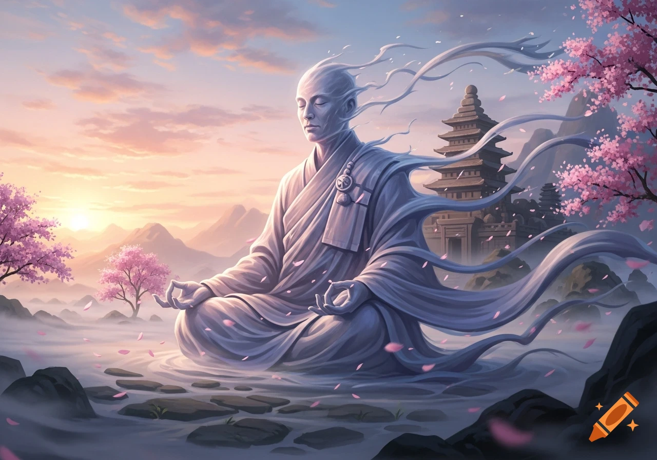 A serene, ethereal monk made of mist meditates in a lotus position amidst cherry blossom trees and a pagoda at sunset, digital art.