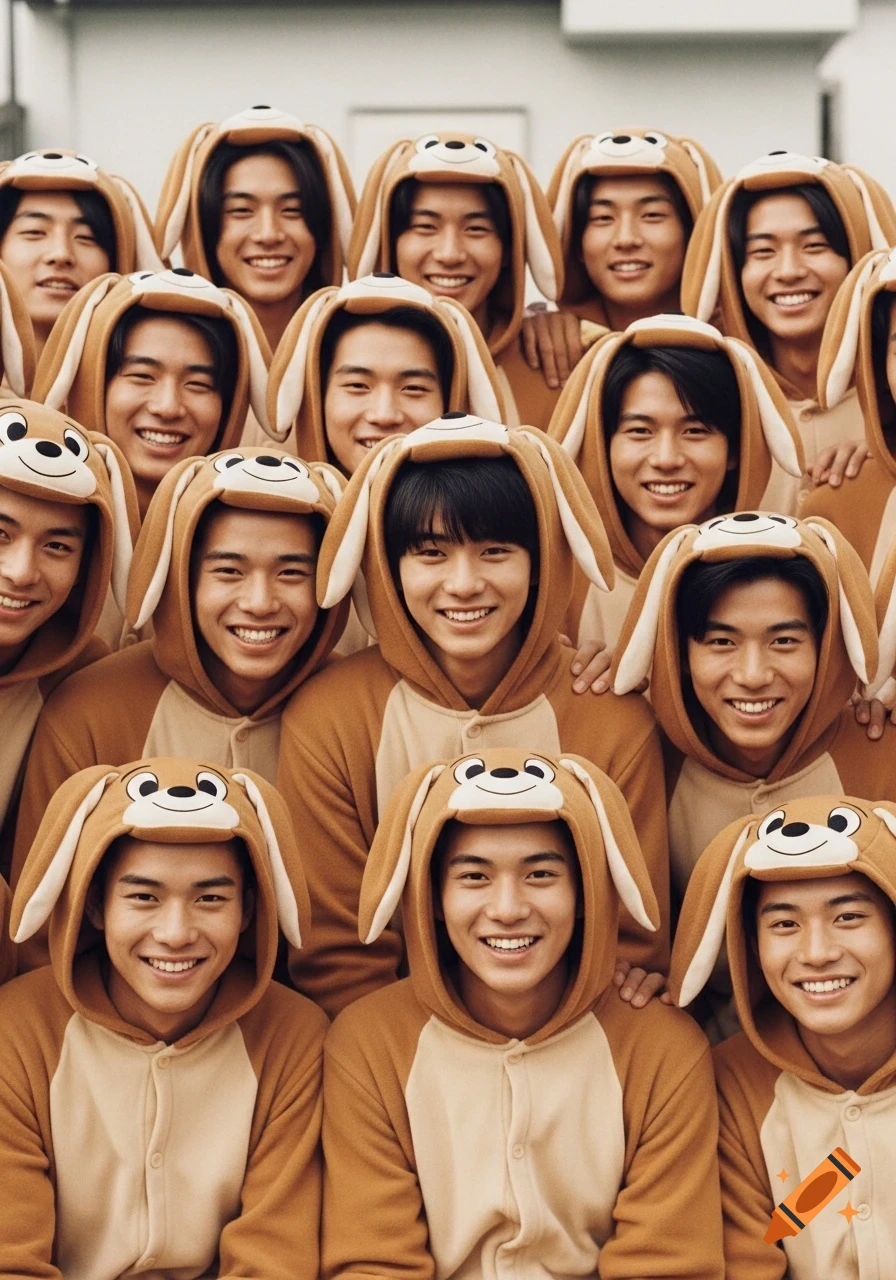 A large group of smiling young East Asian men wearing brown hooded onesies with light brown bunny ears and cartoon faces on the hoods, posing for a photo.