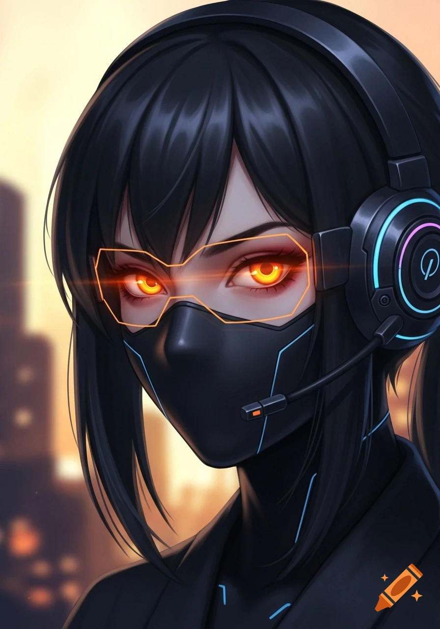 Close-up anime illustration of a female character with dark hair, a black mask, glowing orange eyes behind a visor, and a black headset, against a blurry golden city background.