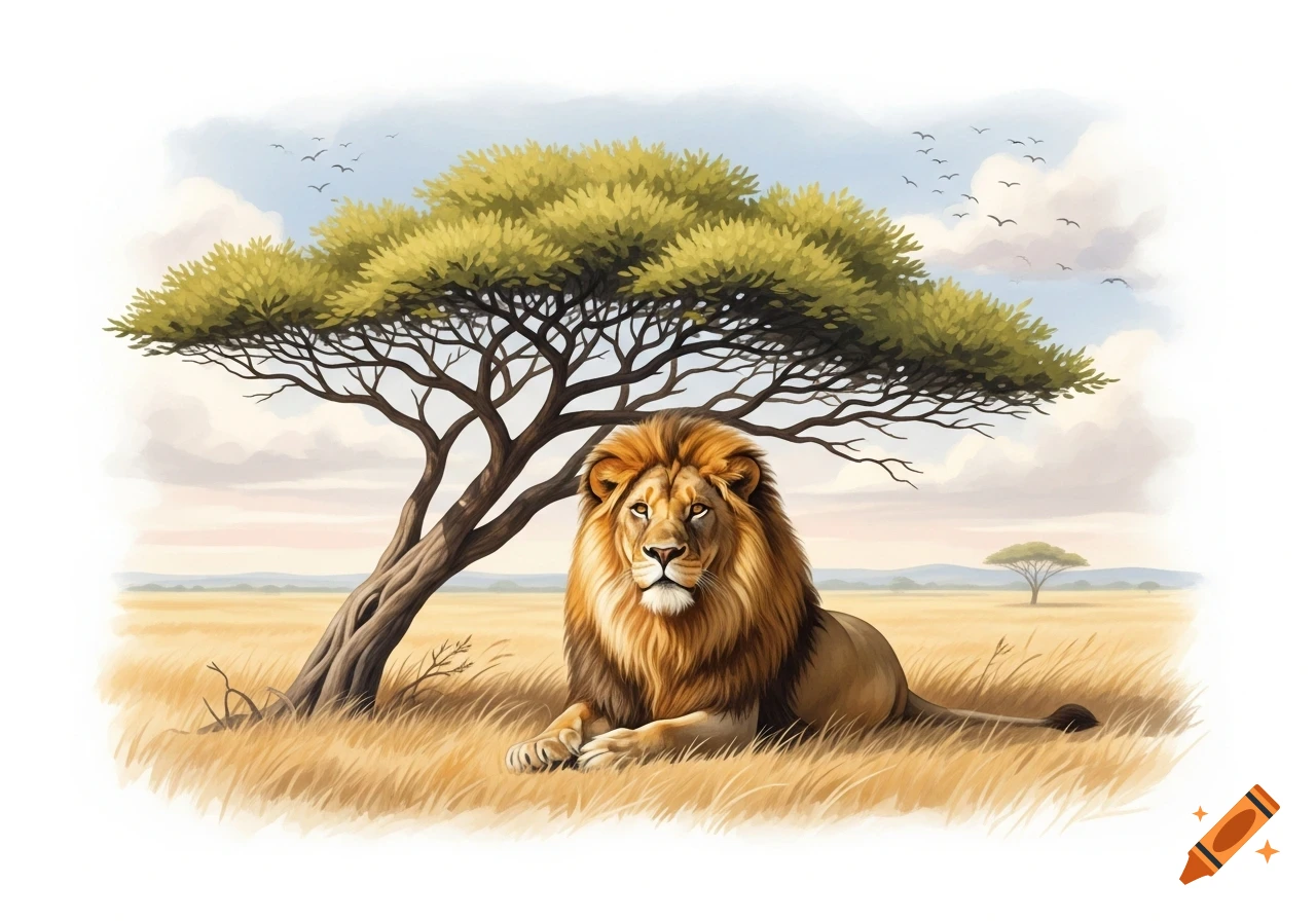 A watercolor painting of a majestic lion resting under an acacia tree in an African savannah with birds in the sky.