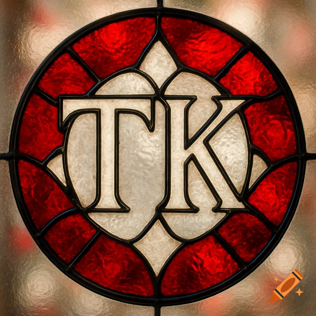 A red and white stained glass roundel with the letters 'TK' outlined in black at its center.