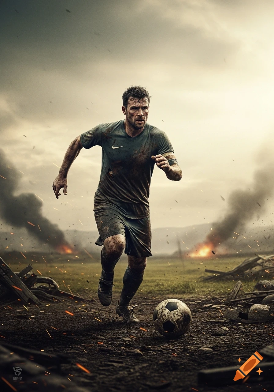 Photorealistic image of a determined soccer player running with a dirty ball on a muddy, war-torn field with smoke and fires.