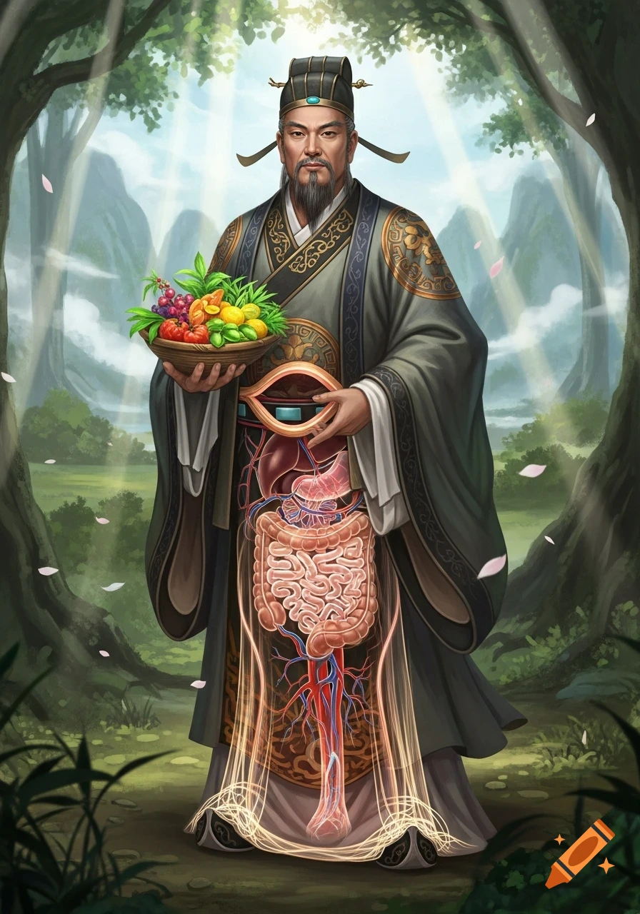 A detailed illustration of ancient Chinese sage Shennong holding a basket of herbs, with his body transparently displaying internal organs in a forest.
