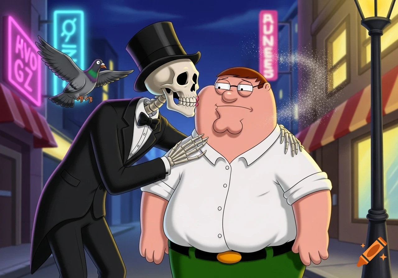 A skeleton in a top hat and suit kisses Peter Griffin on a dimly lit cartoon city street at night, with a pigeon flying nearby.
