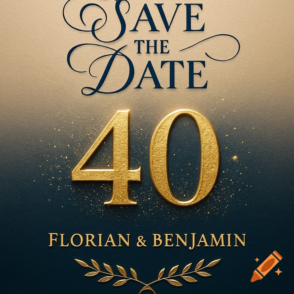 An elegant 'Save the Date' invitation card for a 40th birthday, with golden '40' and 'Florian & Benjamin' text.
