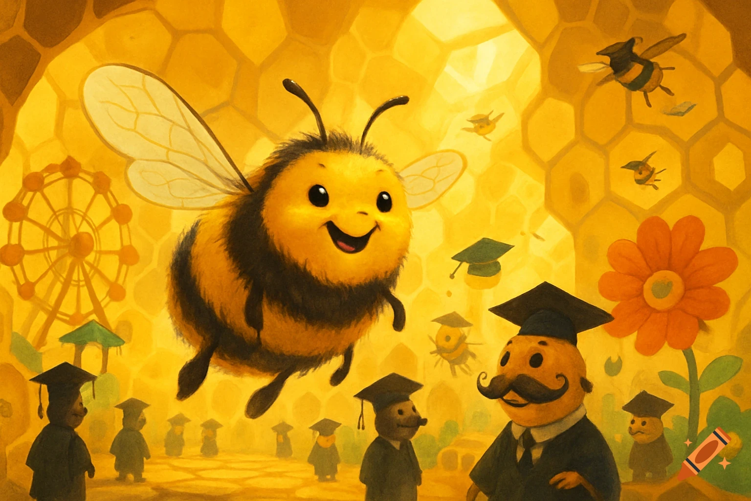 A whimsical illustration of a happy, fluffy bee flying in a golden honeycomb world filled with graduate bees and a Ferris wheel.