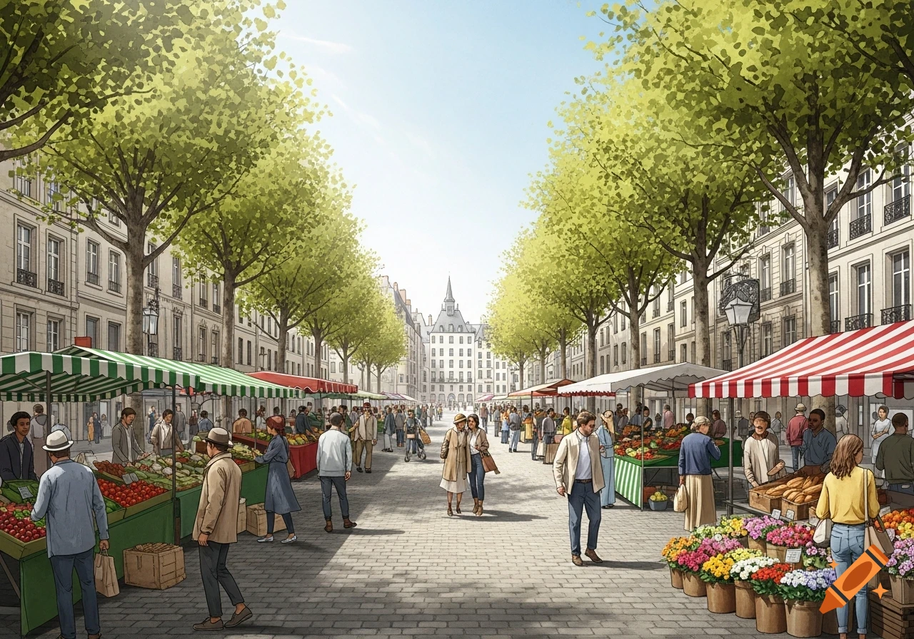 An illustrated street market scene with people browsing stalls under green and red striped awnings, flanked by tree-lined buildings.