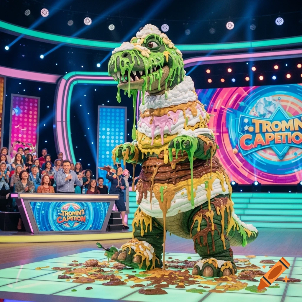 A green dinosaur-like creature, Reptar, covered in colorful goo and whipped cream, stands on a bright game show stage with an audience.