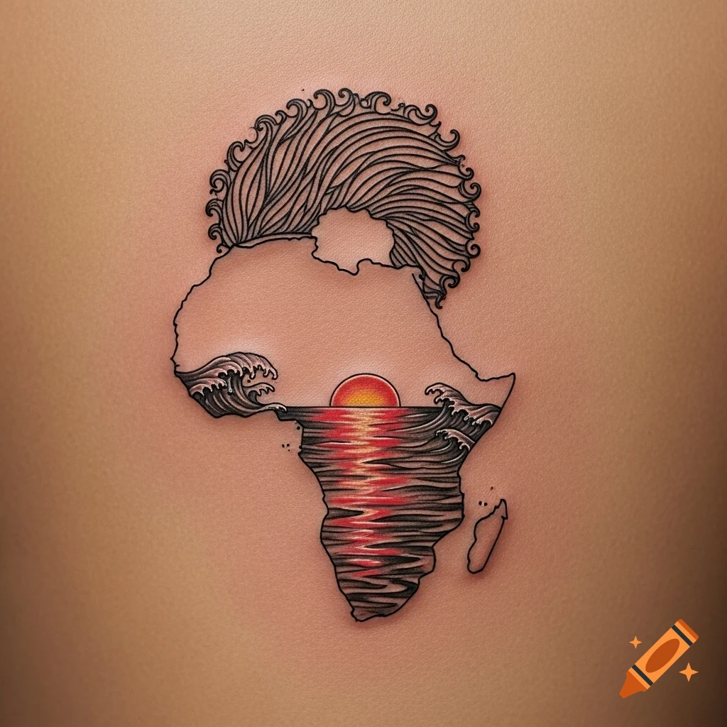 Minimalist tattoo art of Africa's map with an afro hair outline, waves, and a red-orange sunset reflecting inside the continent.