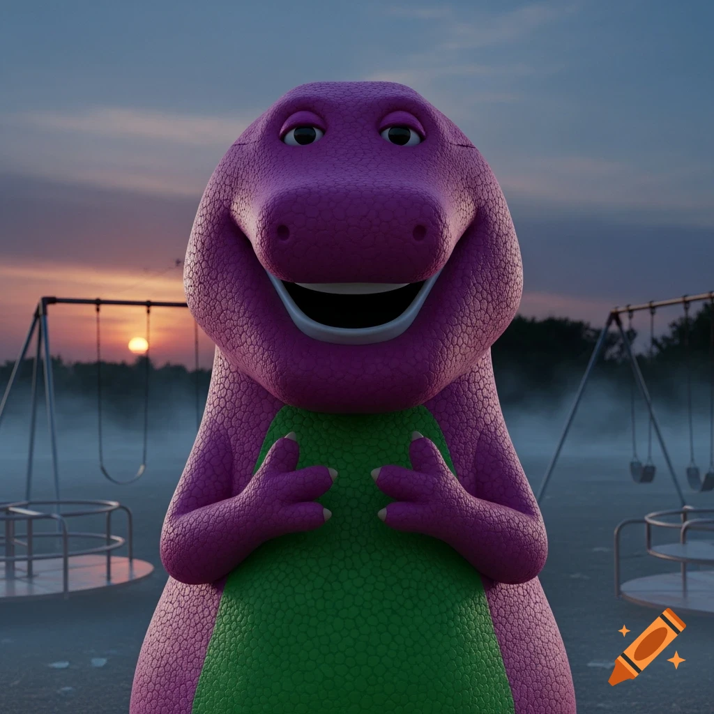 A creepy, realistic Barney the dinosaur stands in a misty playground at sunset with a faint smile.