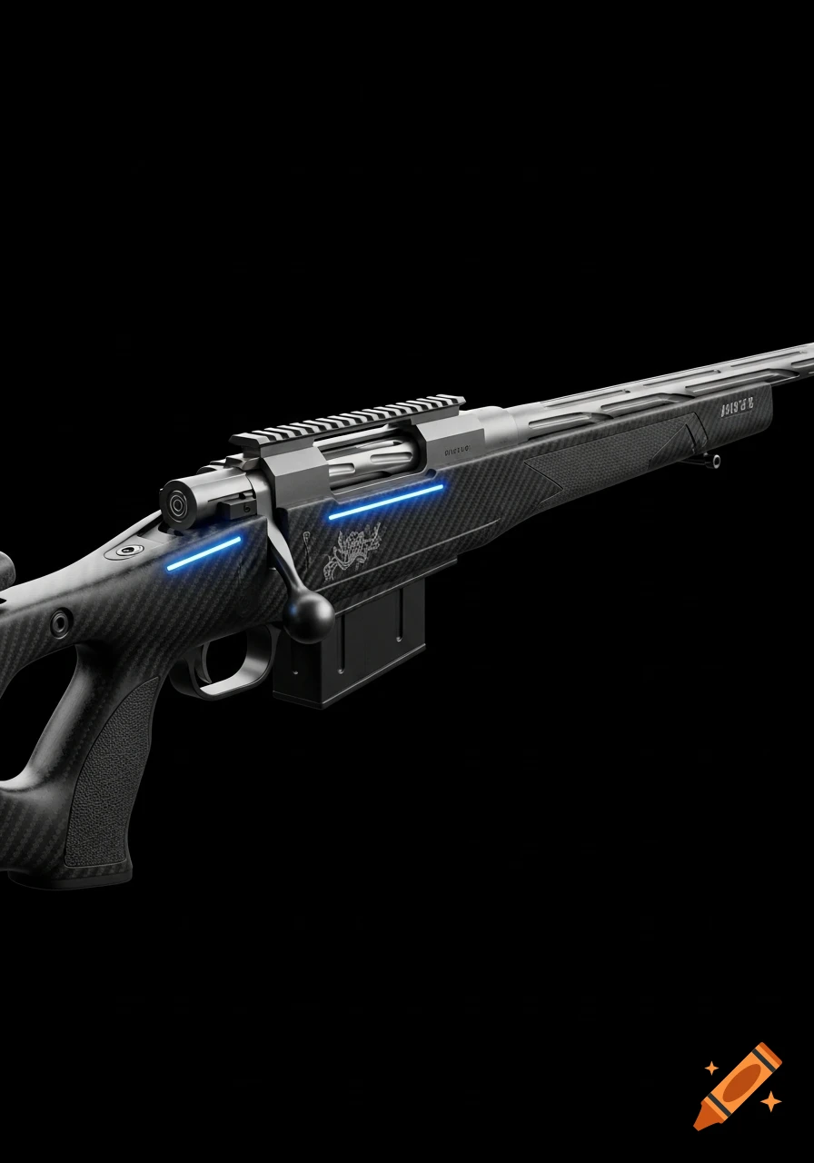 A full jet black futuristic bolt action rifle with blue glowing accents, on a black background.