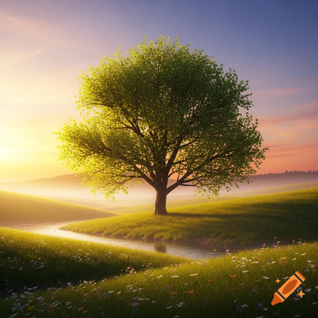 Lush green tree on rolling grassy hills with a winding river, under a sunset sky transitioning to starry blue.