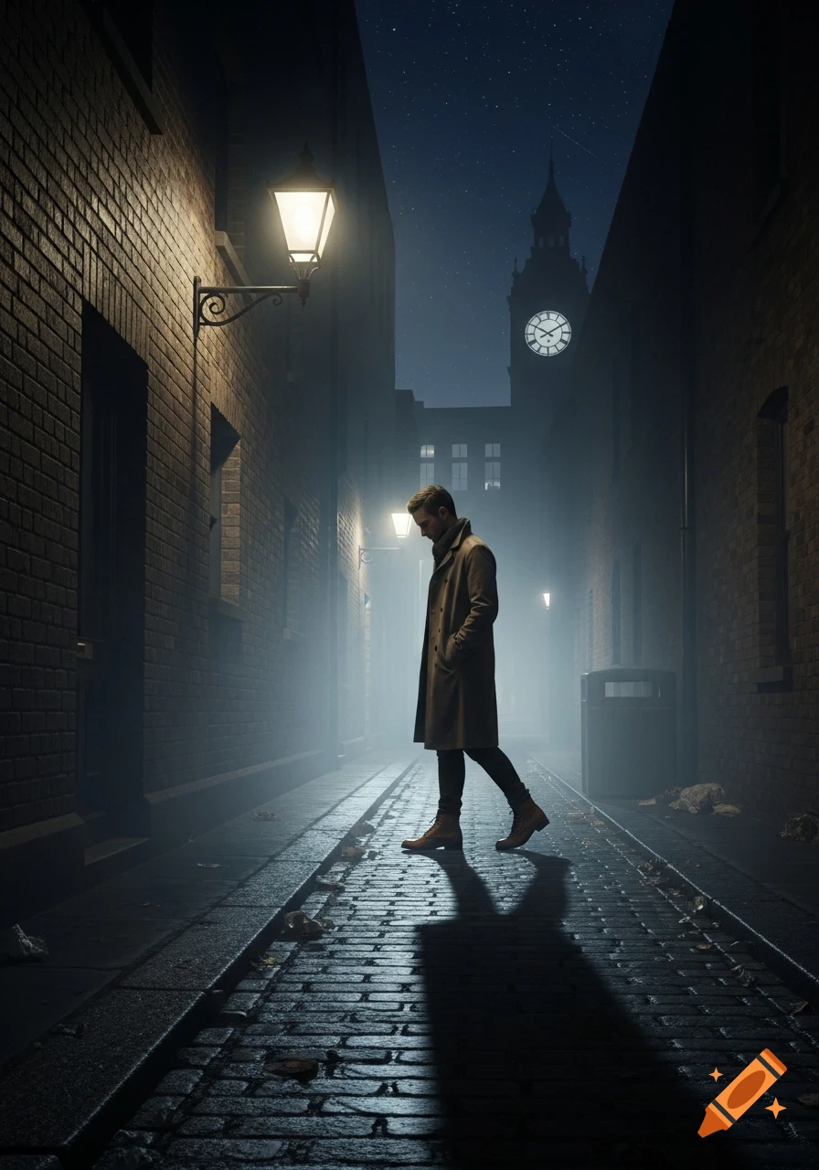 A man in a trench coat walks through a foggy, lamp-lit cobblestone alley at night, with a clock tower in the background.