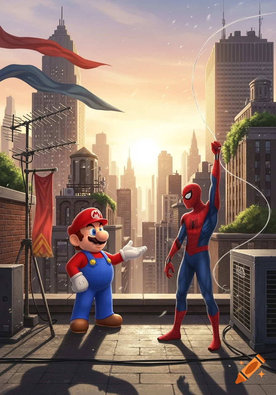 Mario and Spider-Man stand on a city rooftop at sunset, with Spider-Man holding a web line.