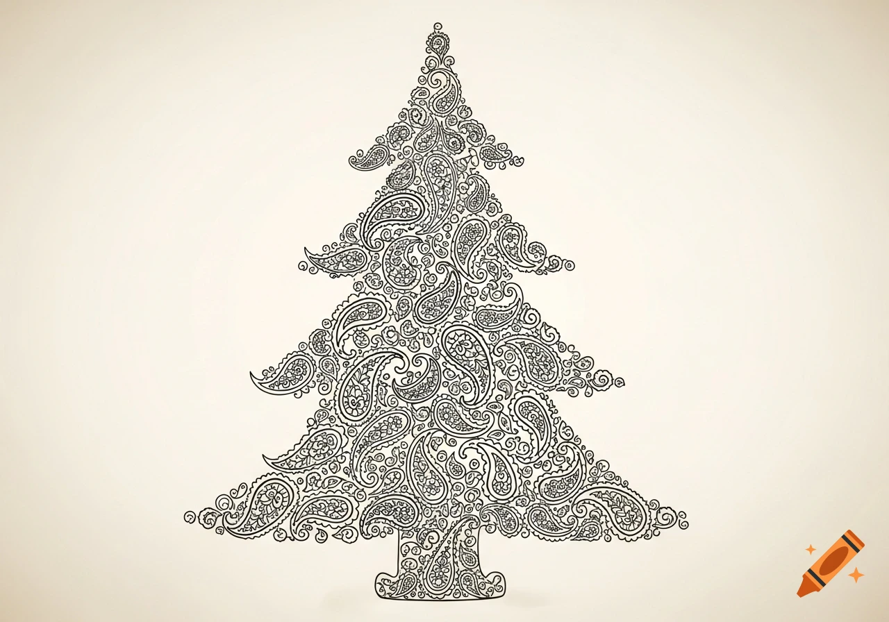 A line art style Christmas tree composed entirely of intricate black and white paisley patterns on a light background.
