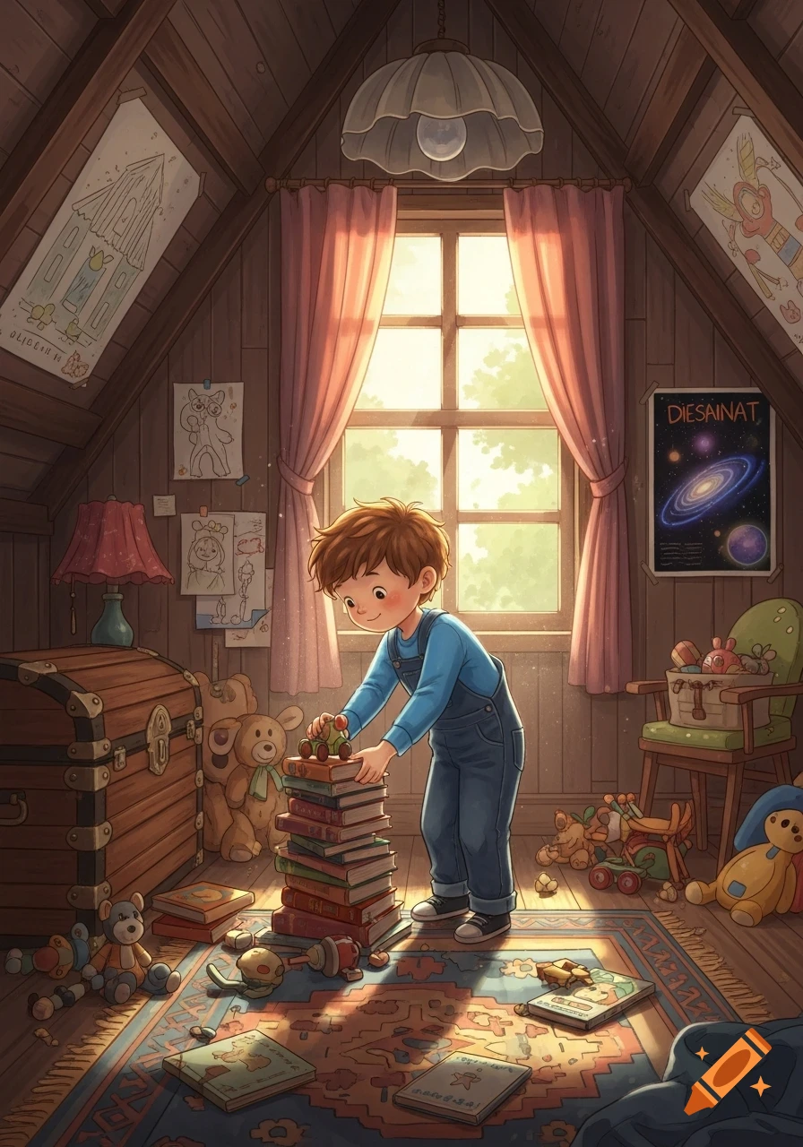 A cartoon boy stacks books and plays with toys in a cluttered, sunlit attic room with a window, posters, and wooden beams.