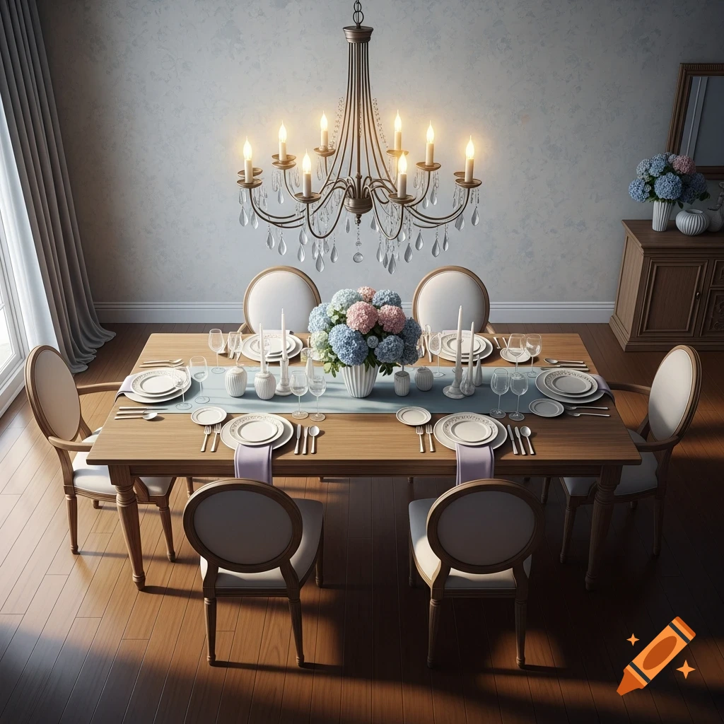 Photorealistic dining room with a wooden table set for six, featuring a blue and pink floral centerpiece and an ornate crystal chandelier.