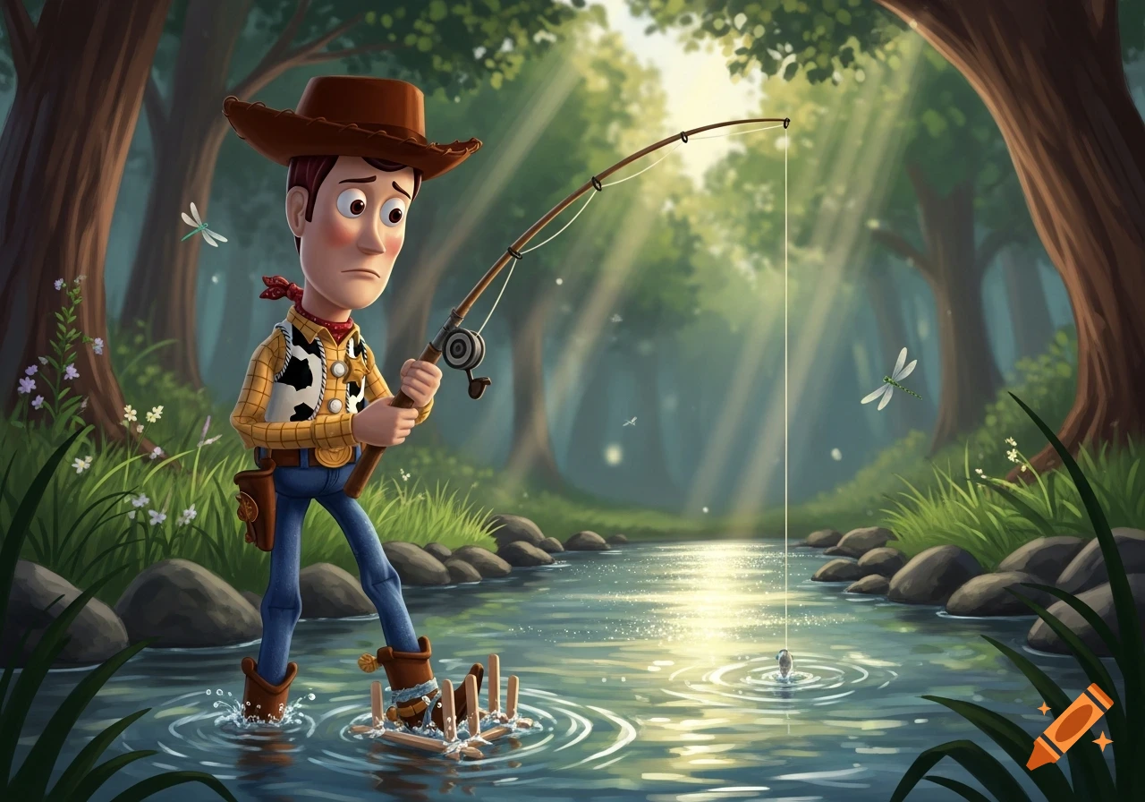 Woody from Toy Story, with a broken foot, fishing in a sun-dappled forest stream.