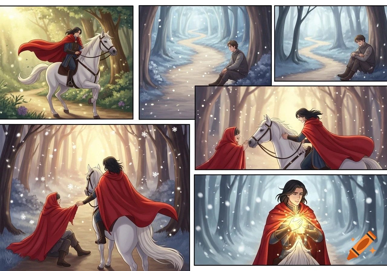 A multi-panel fantasy comic depicting a man in a red cape on a white horse encountering a cold man in a snowy forest, sharing his cape, and experiencing a glowing heart.