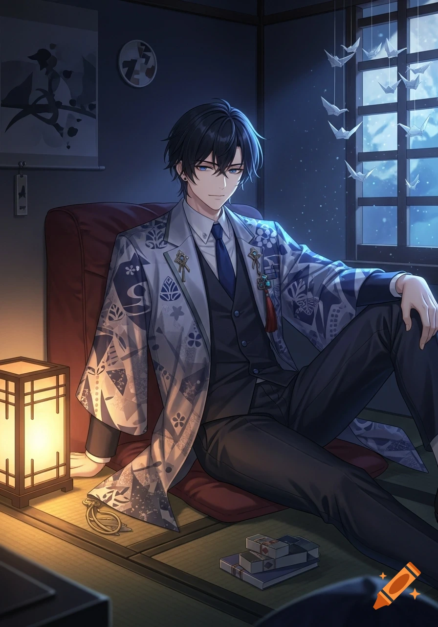 An anime man with dark hair and blue eyes sits on the floor in a dim room with paper cranes hanging by a moonlit window.