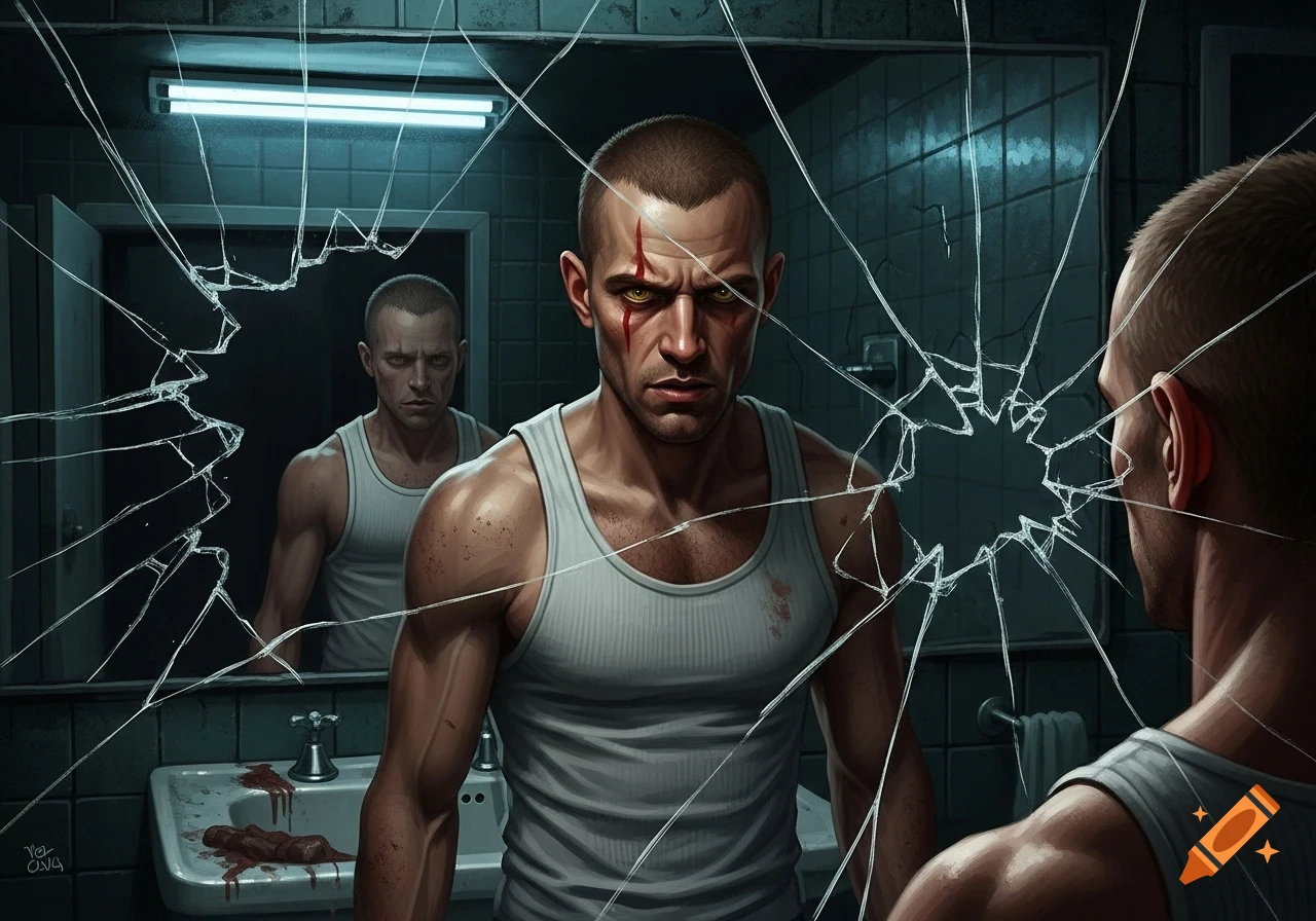 An intense man in a white tank top stands before a shattered mirror in a dimly lit, gritty bathroom, with blood on his face and in the sink.
