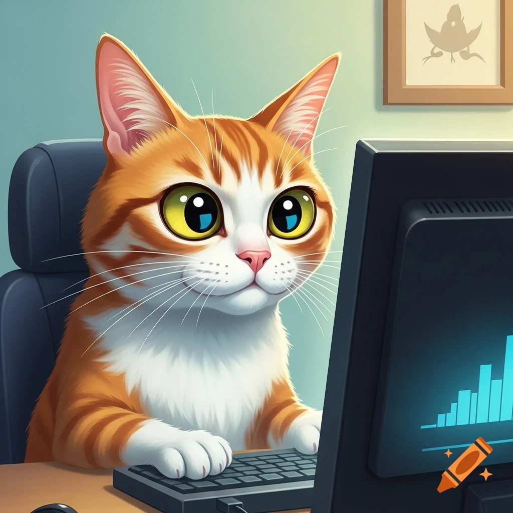 An expressive orange and white cartoon cat sits at a desk, intently looking at a computer screen with a graph.