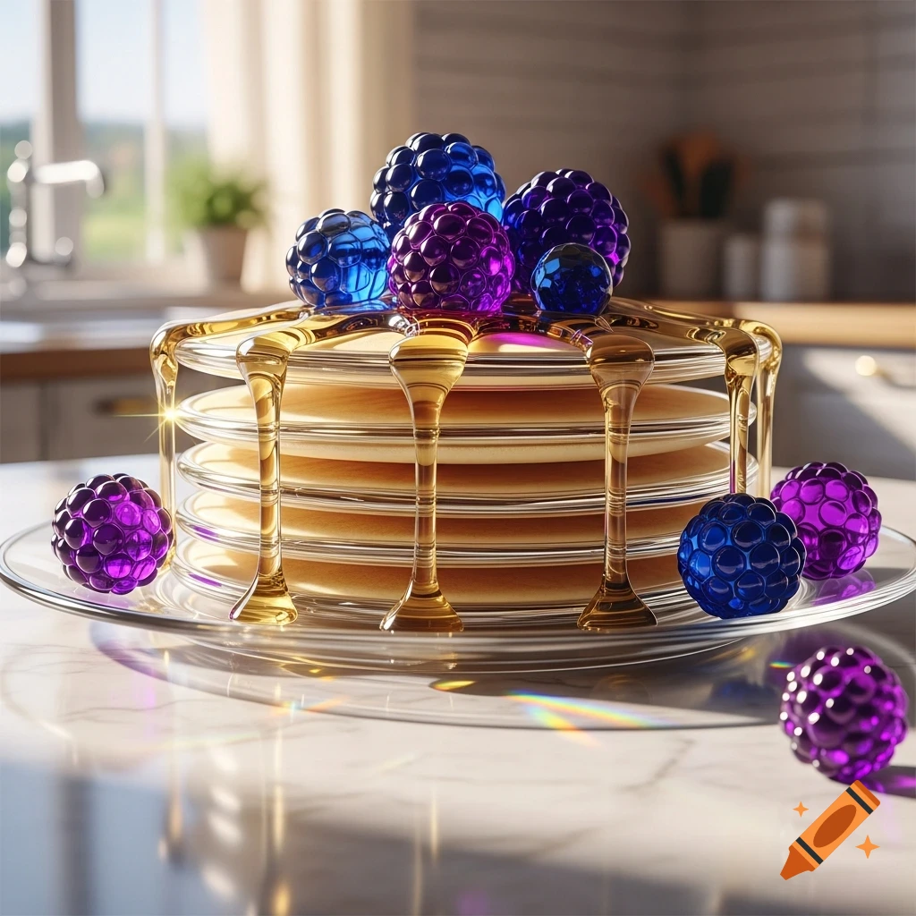 A stack of golden-edged glass pancakes topped with translucent blue and purple glass berries and dripping with golden syrup on a kitchen counter.