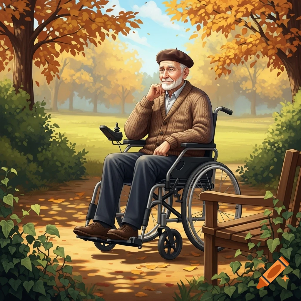 Illustrated elderly man in a brown beret and sweater, sitting in an electric wheelchair in an autumn park, looking thoughtful.