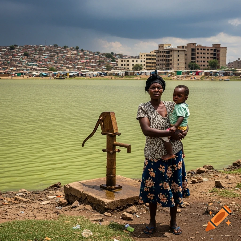 A woman holds a child next to a hand pump by a green lake, with a shantytown and buildings in the background under a cloudy sky.