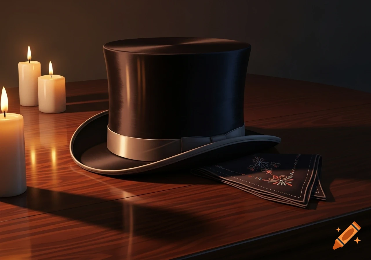 A black top hat with a silver band next to three lit candles and a folded embroidered handkerchief on a dark wooden table.