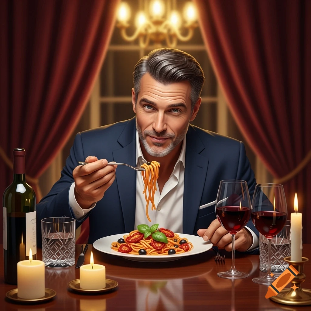 A man with a grey beard in a suit eats spaghetti at a candlelit table with wine in an elegant restaurant.