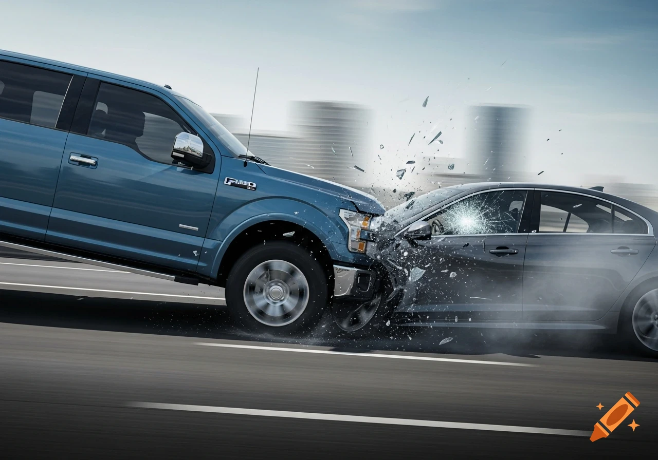 Blue Ford F-150 truck crashes into the side of a grey sedan, shattering glass and creating smoke on a highway.