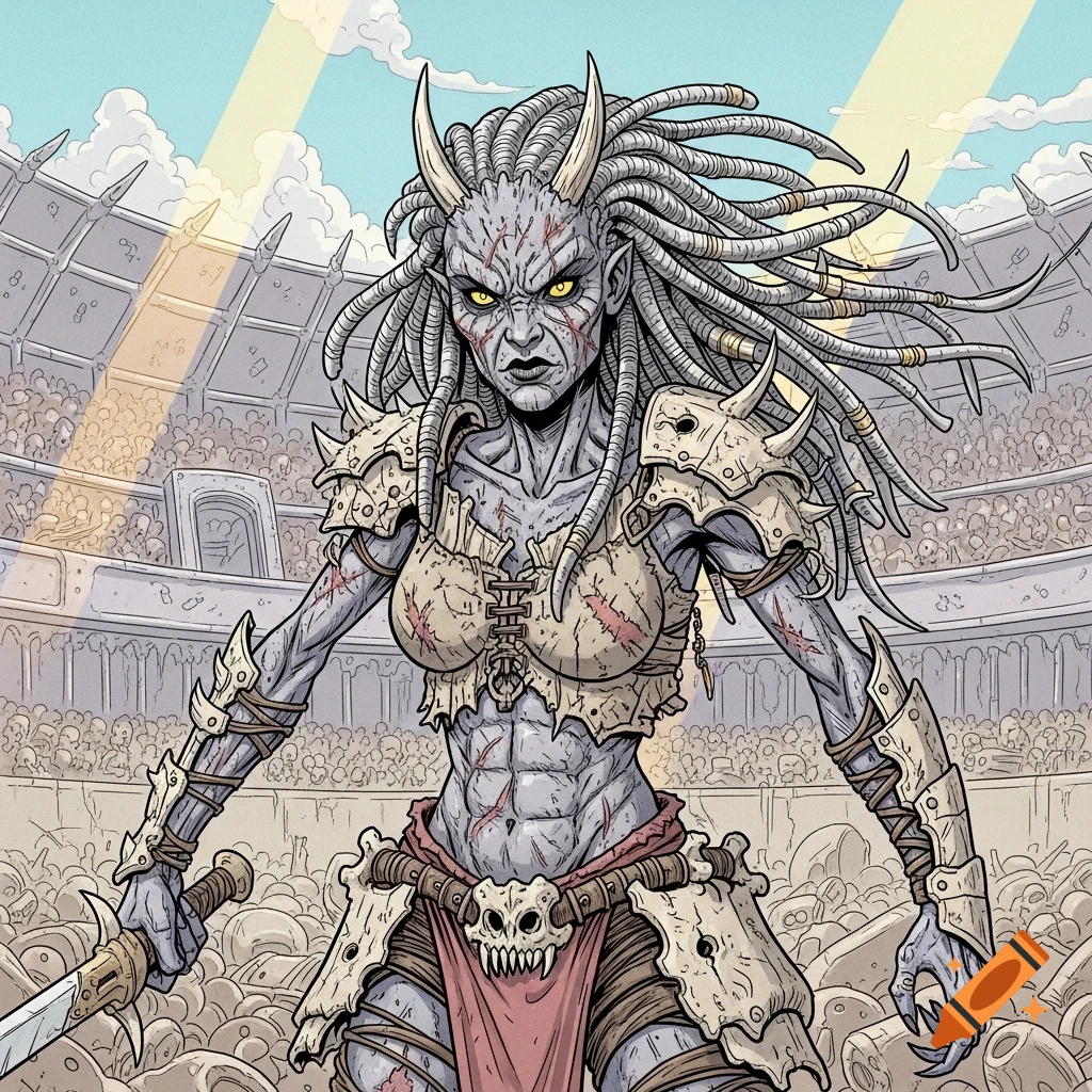 A fierce, grey-skinned huntress with horns, dreadlocks, and glowing yellow eyes, holding a sword in a stylized arena illustration.
