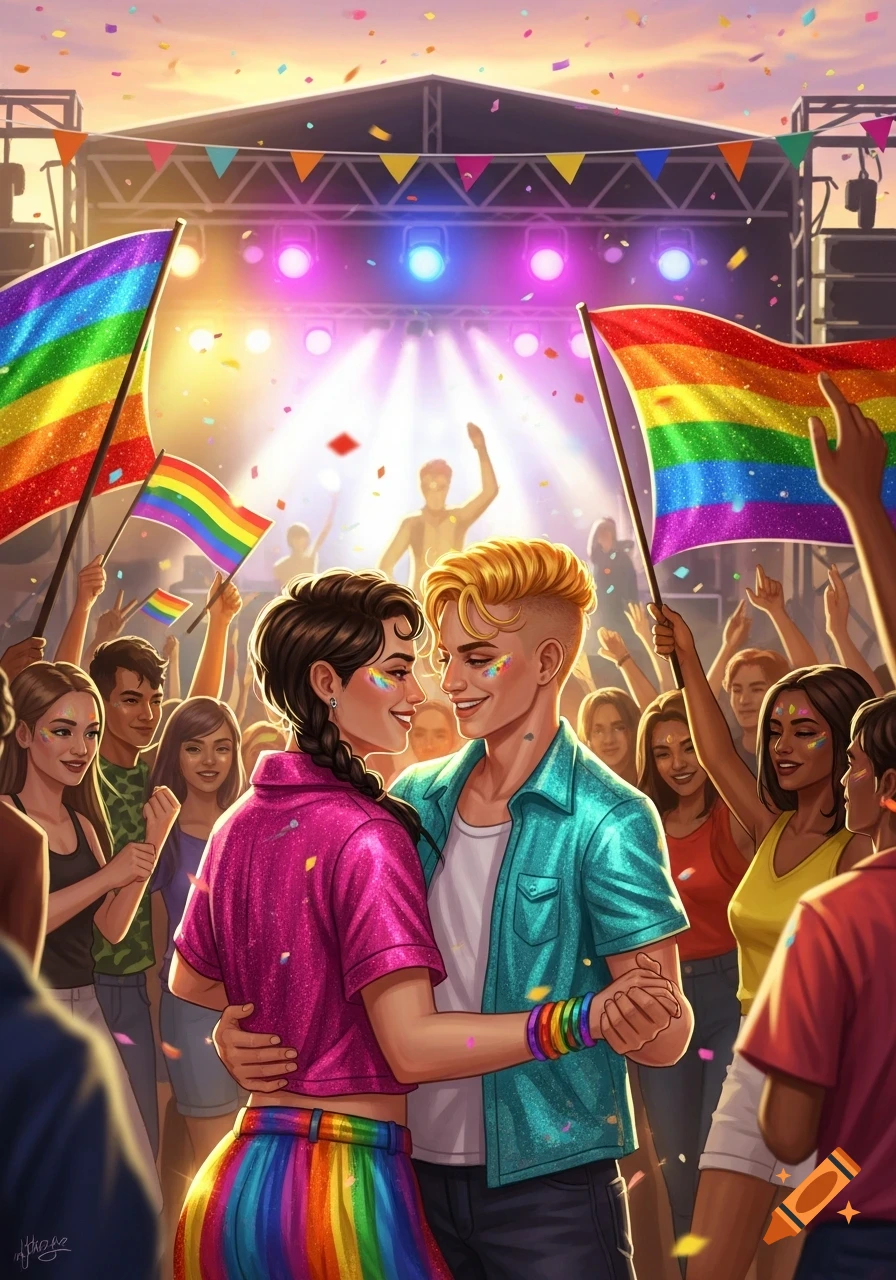 Vibrant illustration of a diverse crowd celebrating at a festival, with a couple dancing in the foreground surrounded by rainbow flags and confetti.