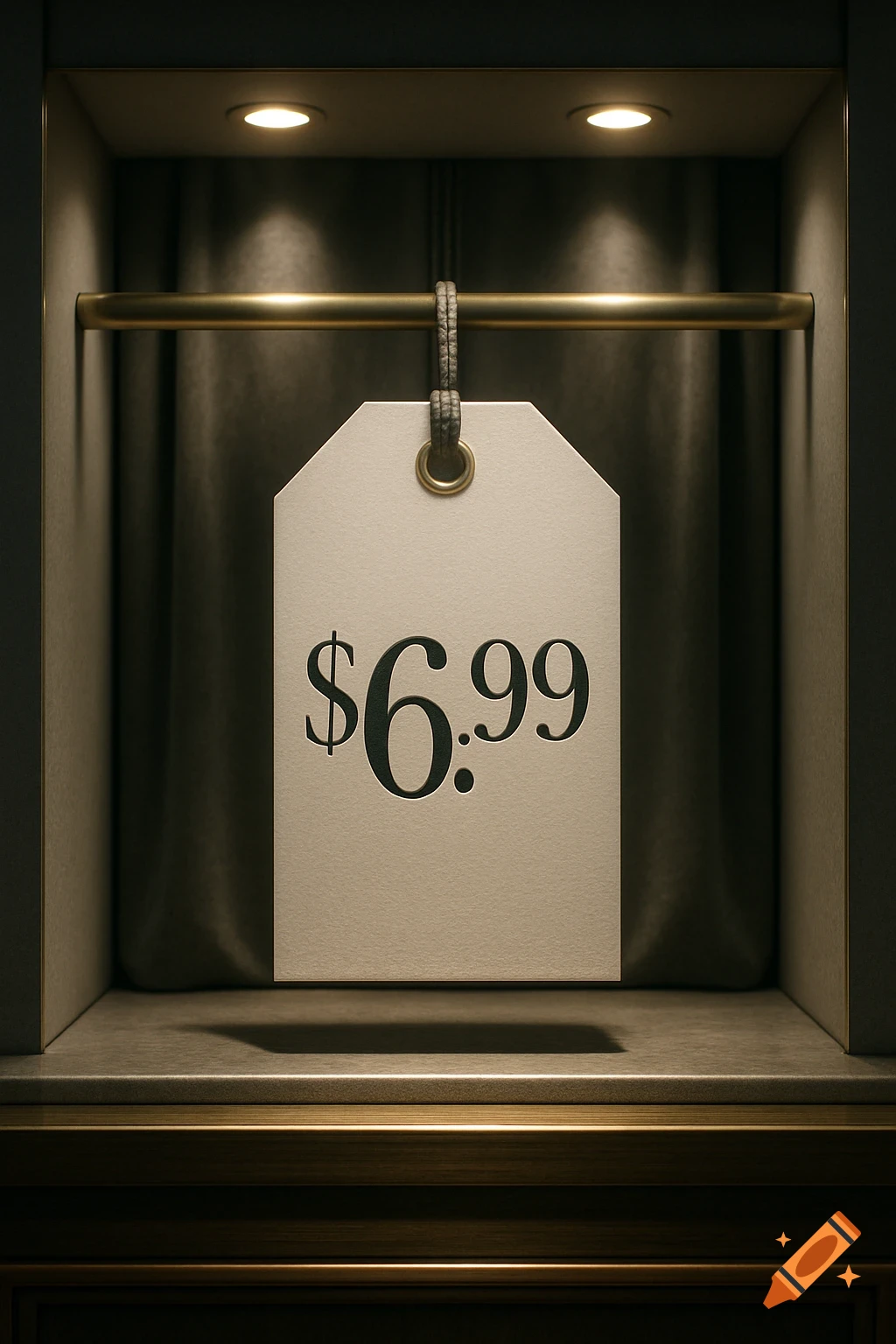 A close-up, photorealistic image of a white price tag displaying "$6.99" in black text, hanging inside a dimly lit display case.