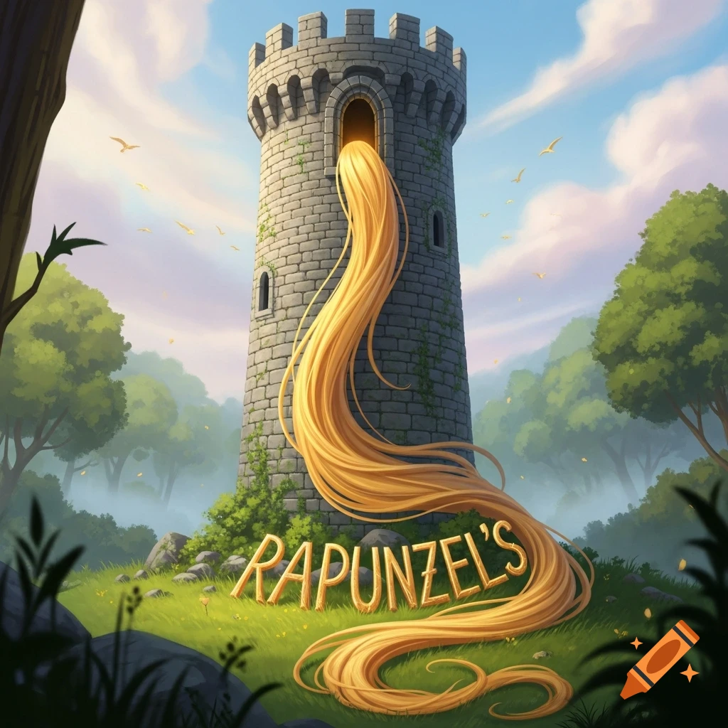 A fairytale illustration of a stone tower with Rapunzel's long golden hair streaming from a window, forming 'RAPUNZEL'S' on the grass.