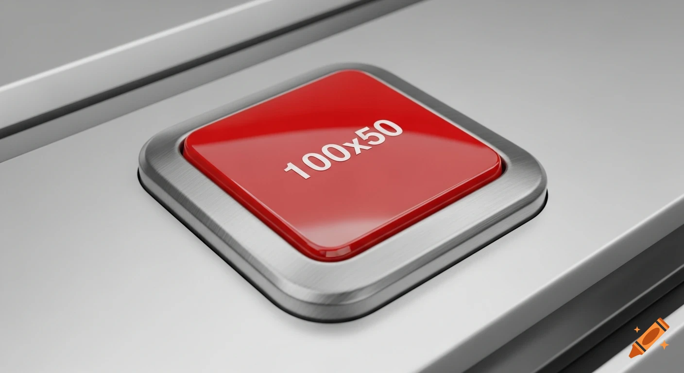 Photorealistic glossy red square button with '100x50' text, framed by a brushed metallic border.