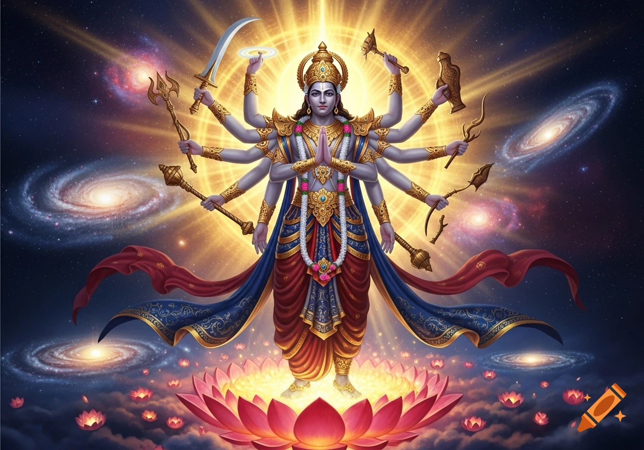 A multi-armed Hindu god with blue skin, adorned in gold and jewels, stands on a lotus flower amidst a cosmic background of galaxies and starlight, radiating golden light.