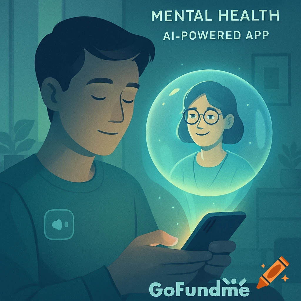 Stylized illustration of a man using a smartphone with a glowing holographic image of a therapist, promoting a 'MENTAL HEALTH AI-POWERED APP' and 'GoFundme'.