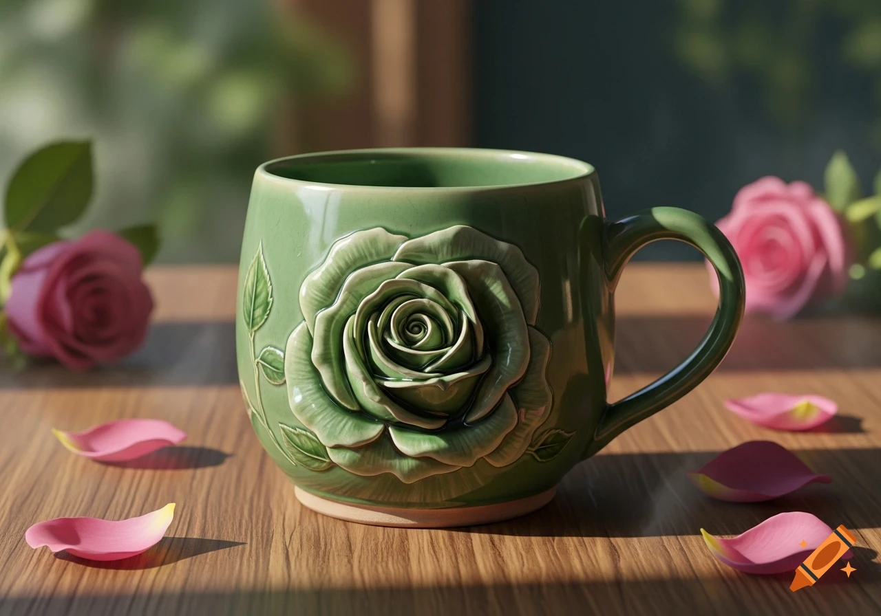A green ceramic mug with a raised rose design sits on a wooden table, surrounded by pink rose petals and a blurred pink rose in the background in a photorealistic style.