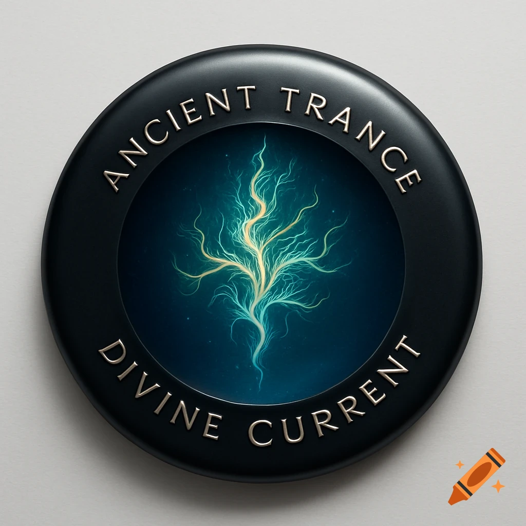A black circular button with 'ANCIENT TRANCE' and 'DIVINE CURRENT' text, featuring a glowing blue and yellow fractal lightning pattern in the center.