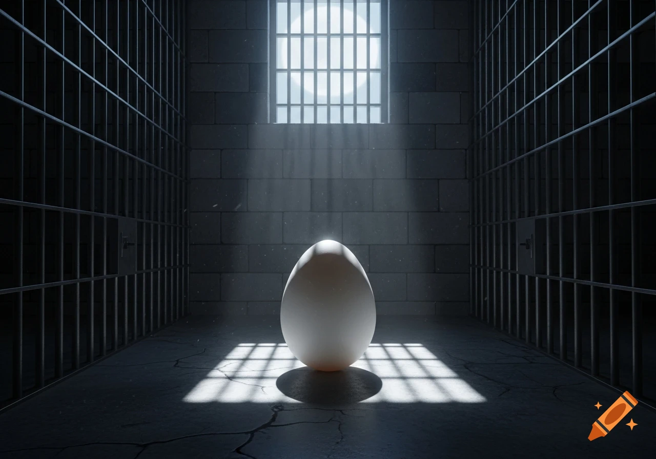 A large white egg sits on a cracked floor in a dark prison cell, illuminated by light from a barred window.