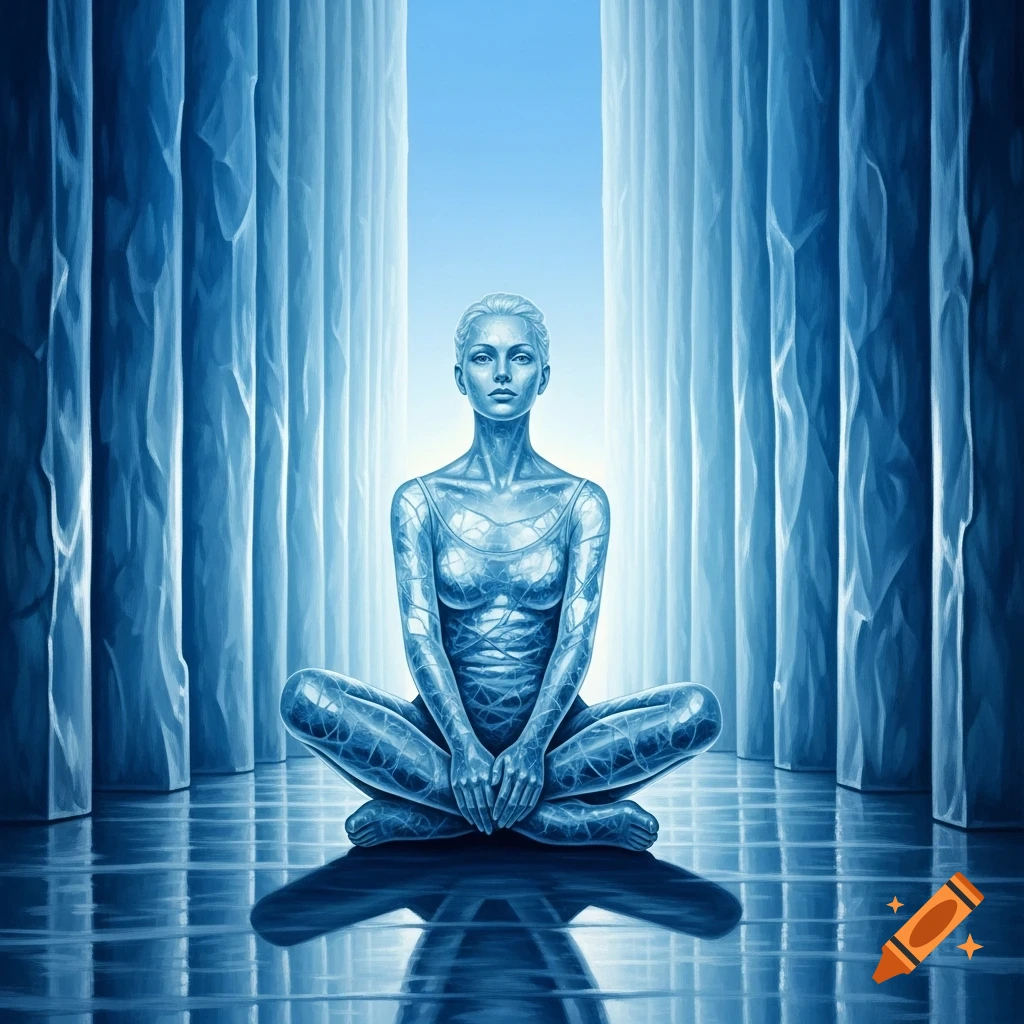 A woman made of translucent blue ice sits cross-legged in an icy cave, her reflection visible on the floor.