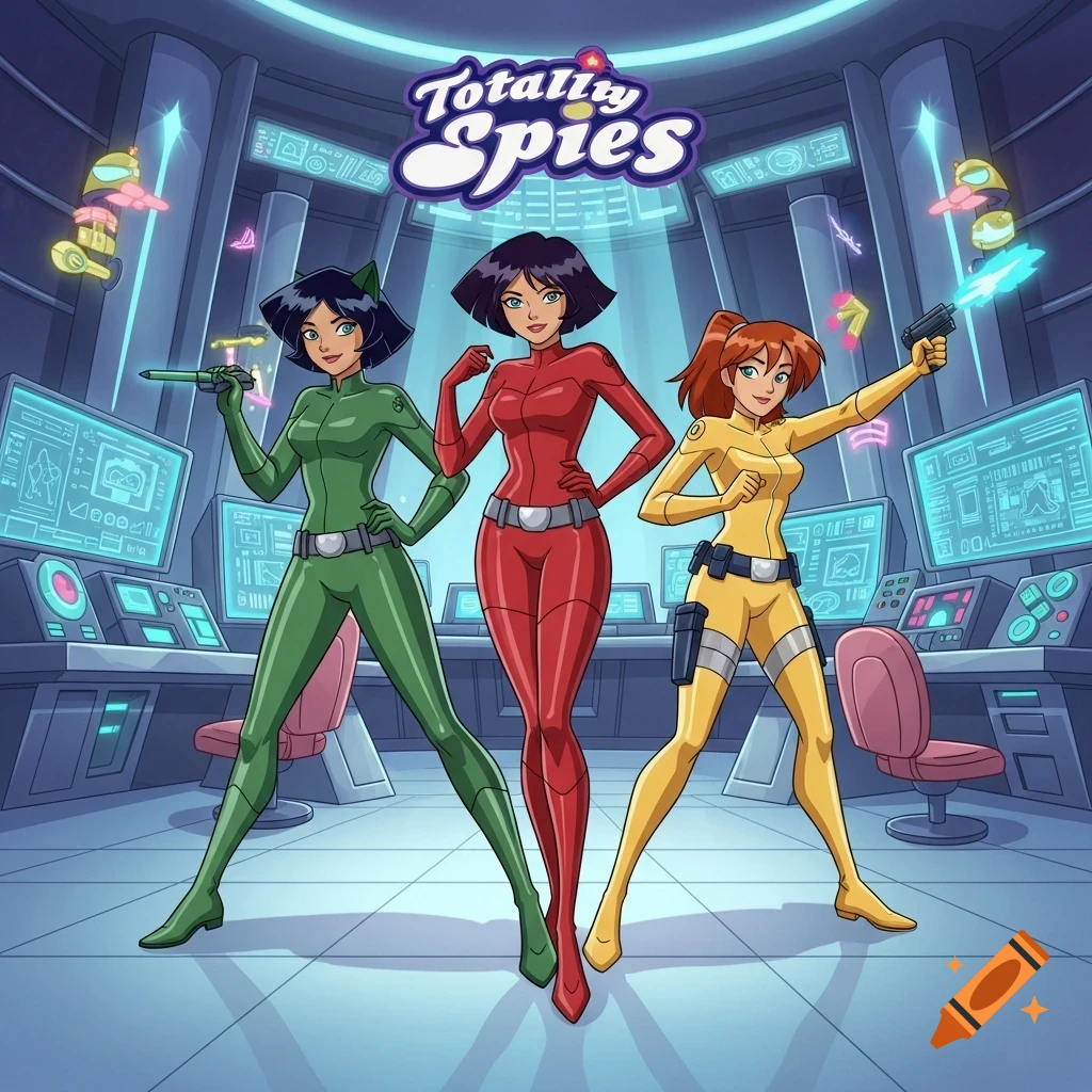 Three animated female spies, one in green, one in red, and one in yellow, pose heroically in a futuristic control room with computers.
