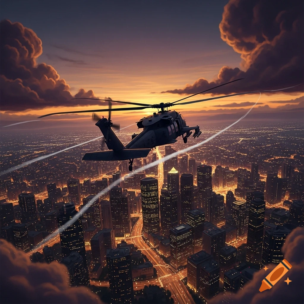 A military helicopter flies over a sprawling city at sunset, with illuminated buildings and streets stretching into the distance.