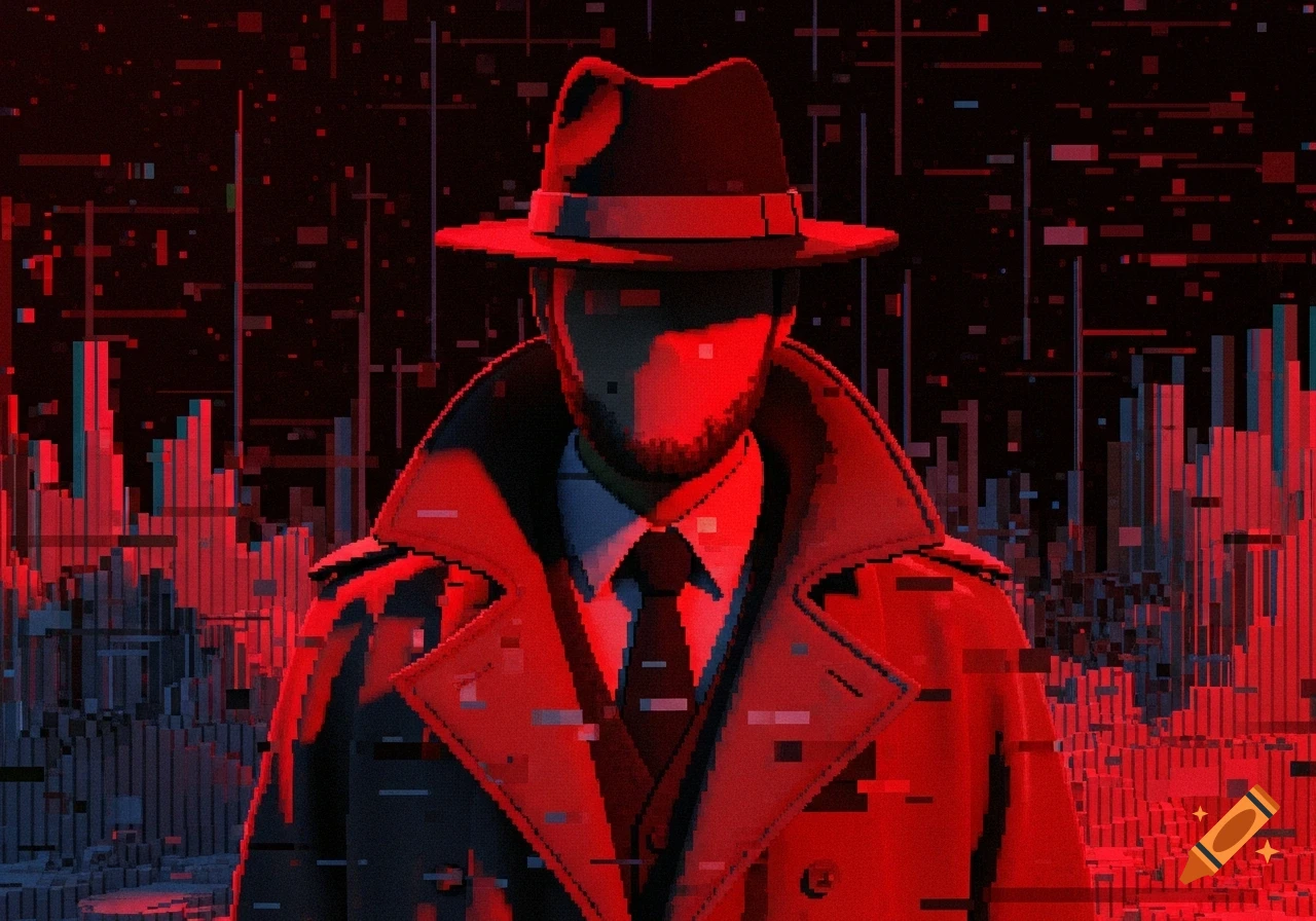 A pixelated glitch art image of a faceless man in a fedora and trench coat against a red, blocky cityscape background.