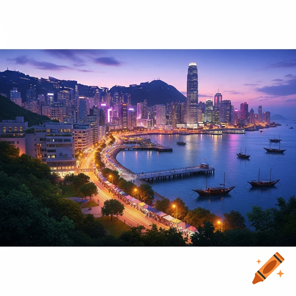 Vibrant photorealistic cityscape at dusk with illuminated skyscrapers, a bustling waterfront road, and traditional boats on dark blue water.