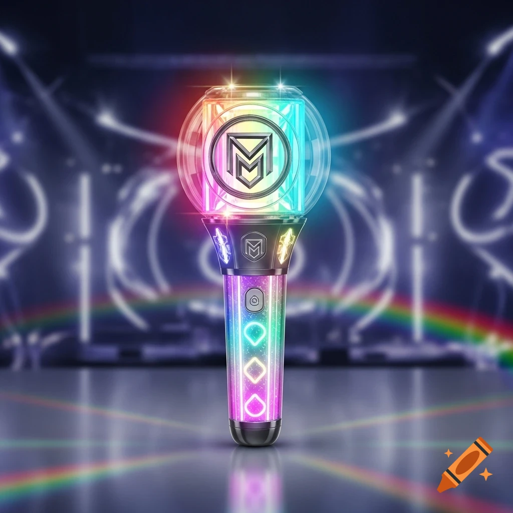 A vibrant K-Pop lightstick glowing with rainbow colors and a stylized 'M' logo, against a blurred concert stage.