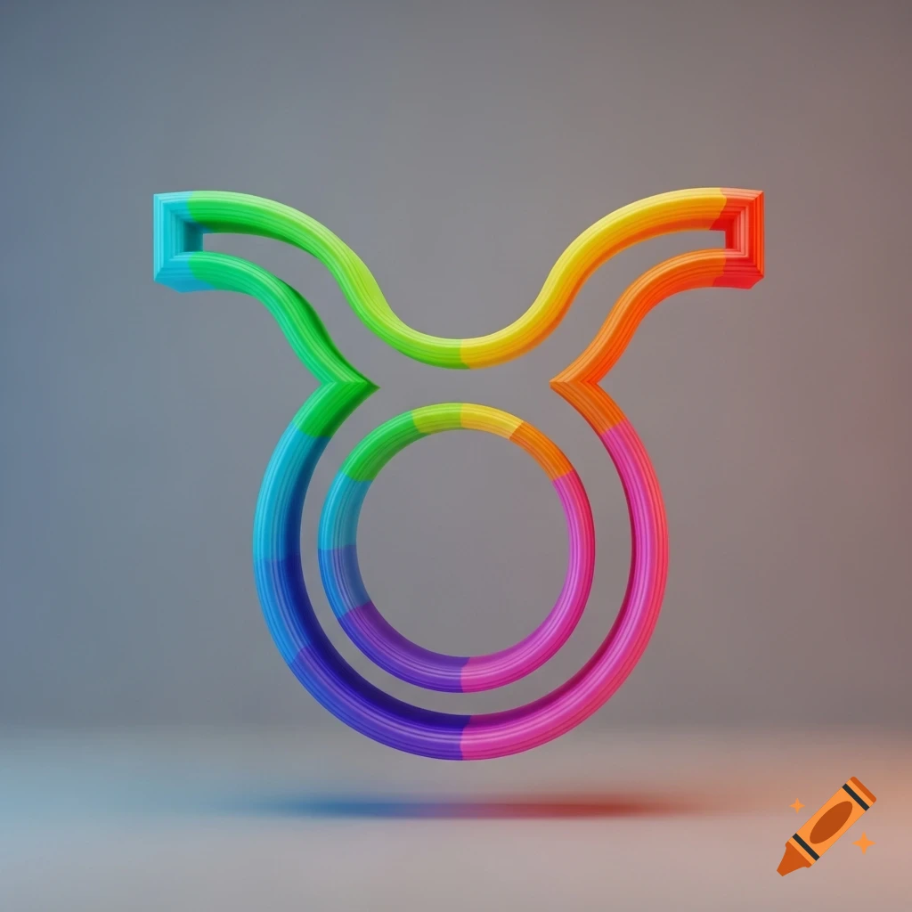A 3D model of the Taurus zodiac sign, formed from vibrant rainbow-colored tubes, casting a shadow on a plain grey background.