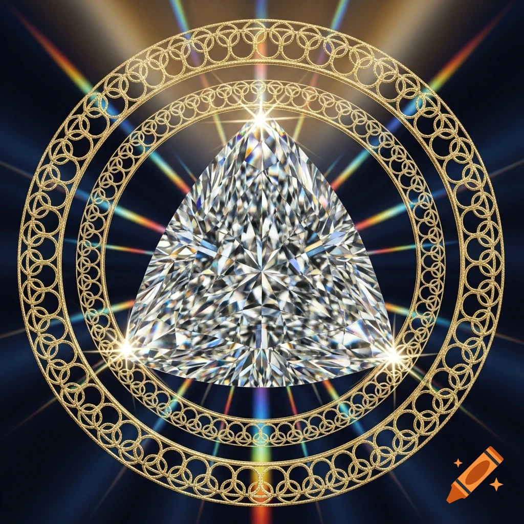A sparkling trilliant-cut diamond is centered within two intricately patterned golden circles, radiating light against a dark background.